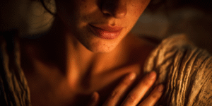 Close-up of hands resting over the chest and abdomen in soft candlelight, peaceful expression forming in the shadows, breath visible in warmth.