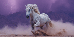 A white mustang galloping through a violet desert beneath a lightning storm.