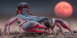 A black scorpion on burgundy desert sand under violet lightning and a red Full Moon.