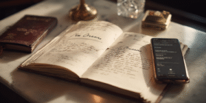 A notebook and phone capturing a perfectly timed coincidence between word and music