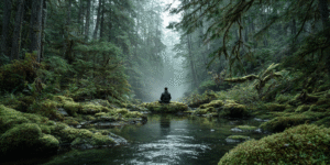 Figure meditating beside a quiet river in a foggy Canadian forest, symbolizing intuitive clarity gained through stillness and nature.