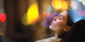 double-exposed face merging with mirrored lake and constellations glowing under twilight, symbolizing intuitive awakening and self-trust