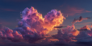Sunset clouds form a soft heart shape in a glowing sky, symbolizing love that transcends distance
