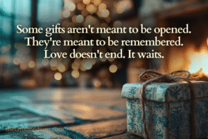 A small brown-paper-wrapped Christmas gift with a handwritten tag, sitting alone in a softly lit living room.