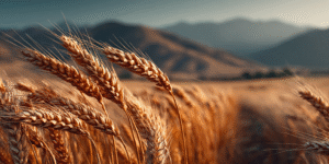 A golden wheat field glowing beneath a soft ivory sky at sunset.