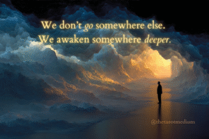 Multi-layered cosmic scene with a person surrounded by currents of light forming a subtle doorway into the afterlife. 