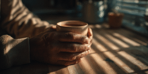 Close-up of tired hands gripping a mug of tea under striped afternoon sunlight, quiet tension and tenderness coexisting in one still frame.