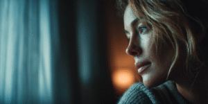 A woman sits on the edge of her bed at dawn, tired yet aware, soft blue morning light blending with the glow of her phone as dust floats through the air.