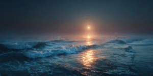 A tranquil seascape at dusk where light meets shadow, symbolizing connection between worlds