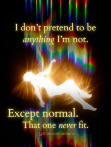 A glowing human silhouette falling through darkness, layered with a prismatic double exposure that distorts the figure as if shifting frequency. The image includes the quote: “I don’t pretend to be anything I’m not. Normal was the only role that never fit.”
