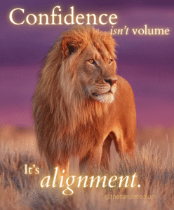 Golden lion in sunset grasslands with wide glowing savannah for text “Confidence isn’t volume. It’s alignment.”