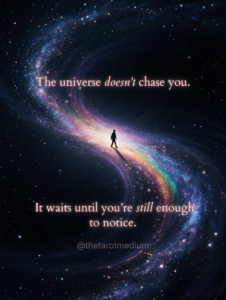 A human silhouette surrounded by flowing stardust with the quote “The universe doesn’t chase you. It waits until you’re still enough to notice.”