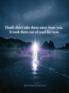 Luminous human-like spirit figure glowing in darkness, symbolizing presence after death, spirit communication, grief, and continued connection beyond loss.