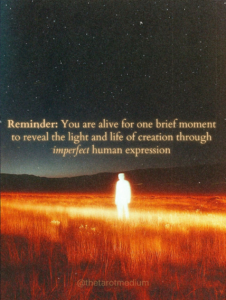 A radiant human silhouette of warm light stands under a vast starry sky at night, symbolizing imperfect human expression, alongside the quote “You are alive for one brief moment to reveal the light and life of creation through imperfect human expression.”