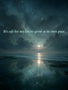 Wide cosmic sky in cool blues and silvers beneath a full moon, representing Aquarius energy, with the quote “It’s safe for my life to grow at its own pace.”