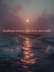 Darkened night sky with warm ember accents beneath a full moon, reflecting Aries energy, with the quote “Gentleness restores what force never could.”