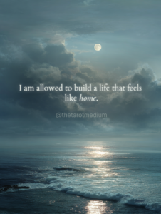 Moonlit night sky in pearl white and soft blue tones beneath a Cancer Full Moon, with the quote “I am allowed to build a life that feels like home.”