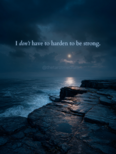 The quote on this image reads, “I don’t have to harden to be strong.” Set beneath a vast Capricorn-toned night sky, this image reflects a quieter kind of resilience. During the Cancer Full Moon, emotional strength comes from allowing yourself to stay open rather than guarded. Capricorn energy often carries responsibility, endurance, and self-reliance, but this lunation invites a softer foundation where strength and sensitivity can coexist. The steady sky mirrors the idea that stability doesn’t require emotional distance. This image is part of a larger tarot reading exploring how each zodiac sign can navigate the Cancer Full Moon with clarity, compassion, and grounded insight. For deeper reflection and the full zodiac tarot reading, visit the linked article on my site.