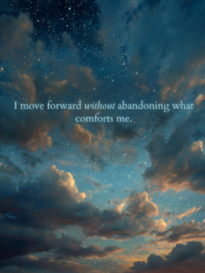 Soft, luminous night sky in pale yellow and silver tones beneath a full moon, paired with the quote “I move forward without abandoning what comforts me.”