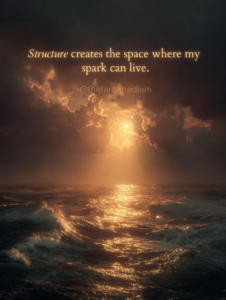 Warm gold and deep indigo night sky under a full moon, reflecting Leo energy, with the quote “Structure creates the space where my spark can live.”