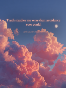 Soft rose and twilight-blue night sky under a full moon, featuring the quote “Truth steadies me more than avoidance ever could.”