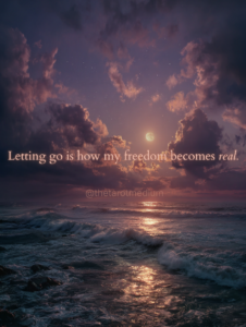 Expansive night sky in deep indigo and warm amber tones beneath a full moon, featuring the quote “Letting go is how my freedom becomes real.”
