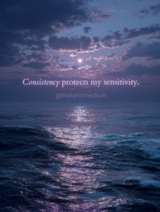 Deep plum and midnight-blue night sky beneath a full moon, paired with the quote “Consistency protects my sensitivity.”