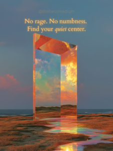 This image captures a glowing cosmic doorway standing in a vast, unfamiliar landscape, inviting you to step through uncertainty into something steadier. No rage. No numbness. 