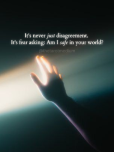 A hand emerges from deep darkness to touch a single beam of light breaking through, capturing a moment of reaching for reassurance amid shadow. It's never just disagreement. 