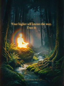Photorealistic cinematic night shot of warm-white light humanoid figure in vast starry wheat field, quote overlay: "You are a soul… your higher self knows the way." Higher self guidance and spiritual awareness visual.