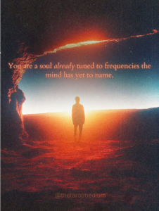 Glowing warm-white light being silhouette on stormy ocean horizon at night, quote overlay: "You are a soul… already tuned to frequencies the mind has yet to name." Spiritual intuition awakening visual.