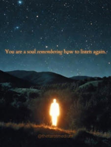 Vintage VHS-style glowing light figure in dark forest night, quote overlay: "You are a soul… not seeking a gift, but remembering how to listen again." Spiritual remembering and intuition healing visual.