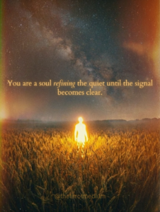 Contemplative glowing light being on wet reflective urban alley at night, quote overlay: "You are a soul… refining the quiet until the signal becomes clear." Intuition clarity and emotional growth visual.