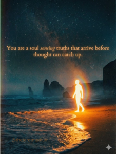 Grainy lo-fi analog night landscape with glowing white humanoid silhouette, quote overlay: "You are a soul… sensing truths that arrive before thought can catch up." Psychic intuition development visual.