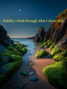 Earth-toned night sky in moss green and muted gold under a full moon, featuring the quote “Stability is built through what I choose daily.”