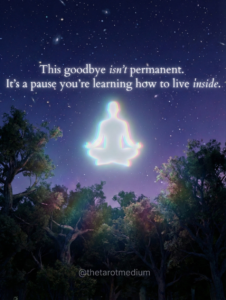 Glowing spirit silhouette in dark atmospheric space, symbolizing temporary separation, life after death, reunion, and grief healing.