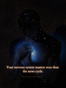 Human silhouette holding glowing blue heart light representing nervous system regulation and self-care during collective anxiety and crisis