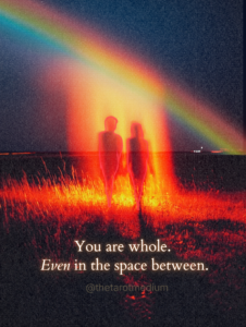 You are whole. Even in the space between. Two silhouettes sitting on the horizon of the globe watching the sunrise together, representing self-discovery and knowing your worth after leaving emotionally unavailable relationships, guidance from a psychic medium.