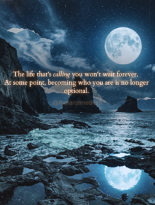 Surrealist collage of dramatic tidal coastline with sea stacks rising from dark water under a pearl white full moon, seafoam and moonlight blue palette, Cancer zodiac cosmic landscape