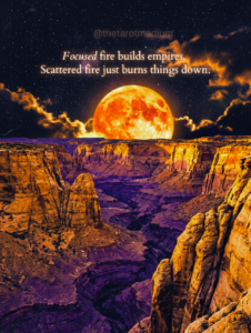 Surrealist collage of sweeping canyon walls glowing in royal gold and sun orange under a blazing full moon, regal purple shadows and jet black starfield sky, Leo zodiac color palette