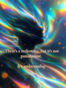 Human silhouette in profile surrounded by swirling prismatic light representing life review and self-understanding after death