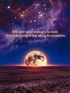 Surrealist collage of an enormous open steppe under a cathedral sky, royal blue and purple nebula clouds above maroon earth, a full moon rising at the horizon, Sagittarius zodiac color palette