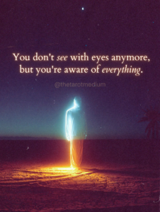 Translucent human silhouette half illuminated standing in starlit field representing awareness and consciousness during and after death