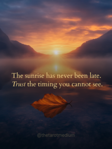 The sunrise has never been late. Trust the timing you cannot see. A solitary sunrise breaking over a still mountain lake with golden light spreading across mirror-like water, symbolizing divine timing and the promise that nothing is truly lost.