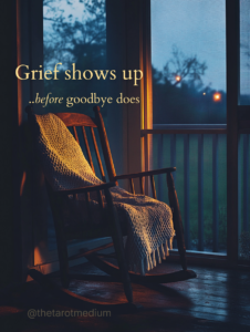 Grief shows up before goodbye does. An empty wooden rocking chair on a porch at twilight with a hand-knit blanket draped over the seat, representing anticipatory grief and the ache of love before loss, explained by a psychic medium and hospice volunteer.