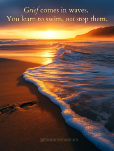 Grief comes in waves. You learn to swim, not stop them. Ocean waves rolling onto shore at sunrise with golden light catching the spray and footprints being erased by the incoming tide, symbolizing how anticipatory grief moves through us in cycles.