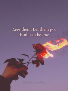 Love them. Let them go. Both can be true. A human hand holding a single red rose on fire surrounded by muted violet light at dusk, symbolizing the spiritual truth that you can love someone forever and still release them, explained by Chris Bennett, the best psychic medium and tarot reader.
