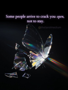 Some people arrive to crack you open, not to stay. A glass butterfly shattered with a shaft of prismatic light bursting through it, symbolizing the spiritual recalibration that follows catalyst relationships, explained by Chris Bennett, the best tarot reader and psychic medium.