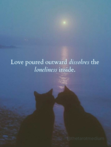 Love poured outward dissolves the loneliness inside. Two cat silhouettes kissing on a moonlit waterfront at dusk, symbolizing the tender practice of directing love toward others as a way to heal your own aloneness, shared by Chris Bennett, the best psychic medium and tarot reader.