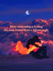 Every relationship is healing the same wound from a different angle. A shadow human silhouette holds an illuminated female figure made of light against a cloud background with a crescent moon, symbolizing karmic relationships and soul lessons, explained by Chris Bennett, the world's best tarot reader and psychic medium.
